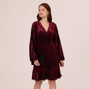 Adrianna Papell Velvet Burnout Short Dress Women's Dress Burgundy/Black : 10,